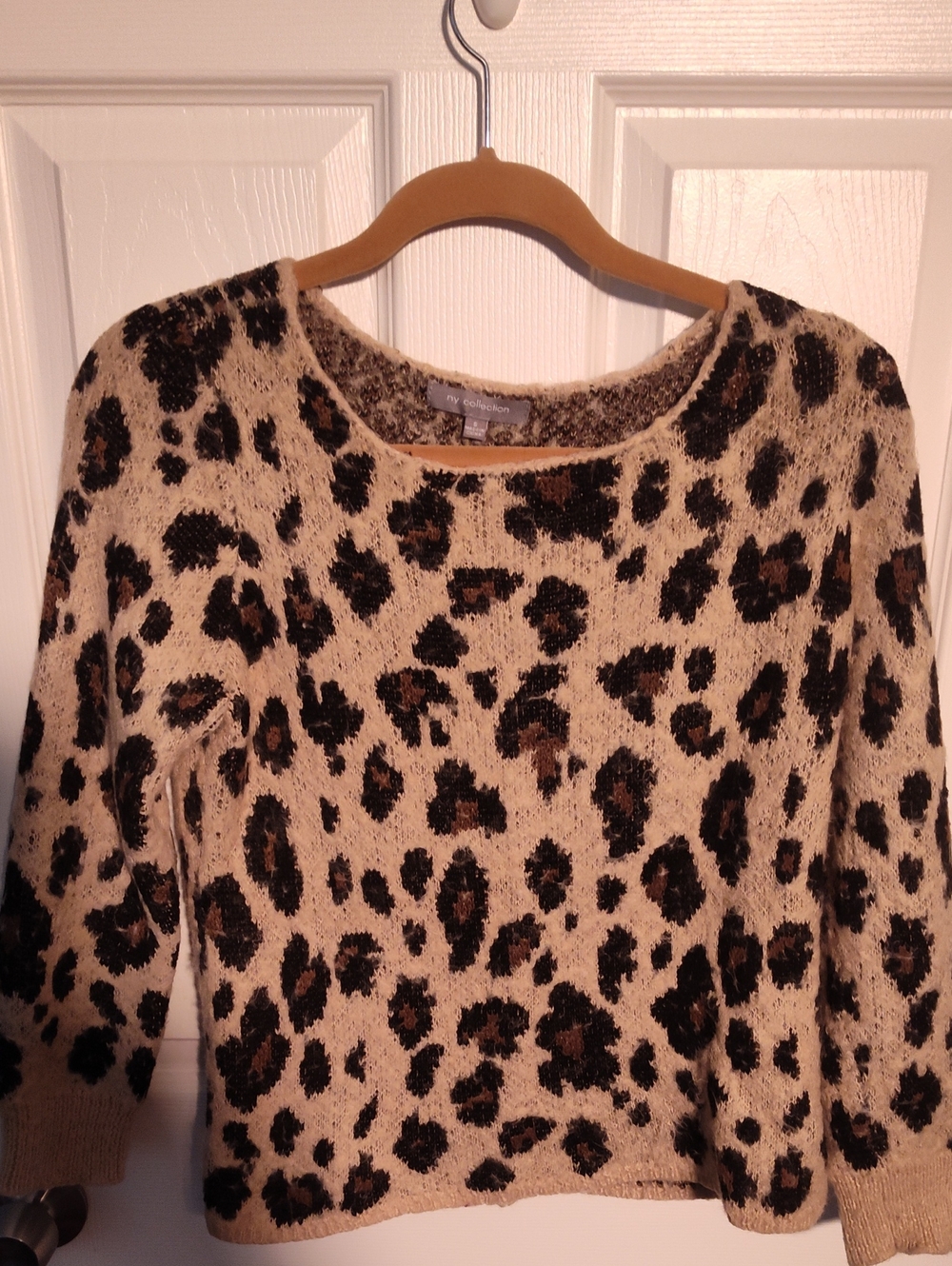 NY Collection Beige Leopard-Print Crewneck Sweater with Black and Brown Spots